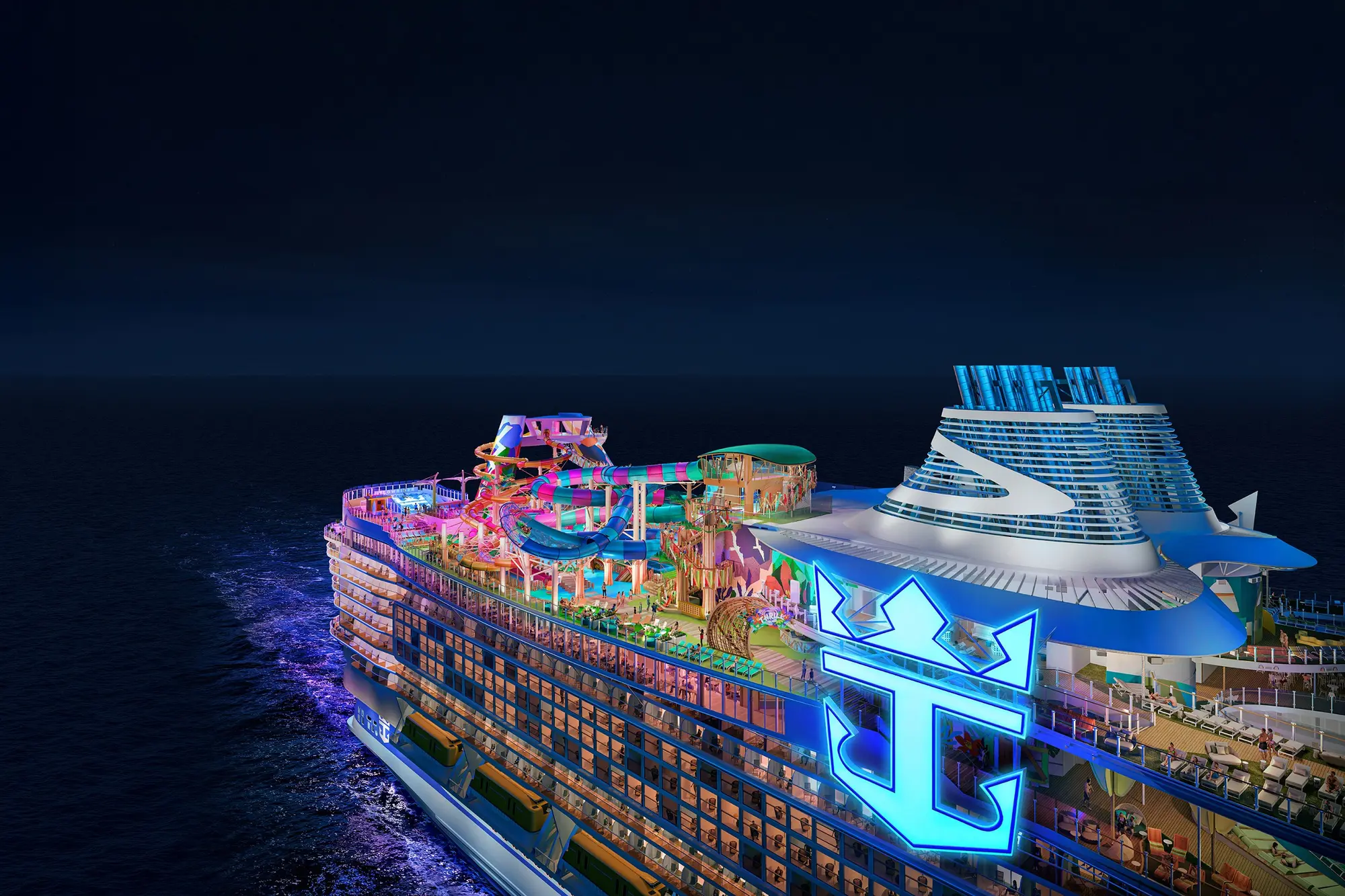 Legend of the Seas gece ışıklarıyla, havadan görünüm (görselleştirme)