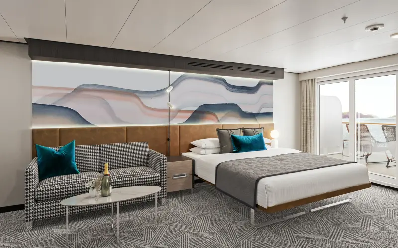 Norwegian Aqua, Norwegian Aura ve Norwegian Bella'da suit (SL); kanepe, yatak ve balkon