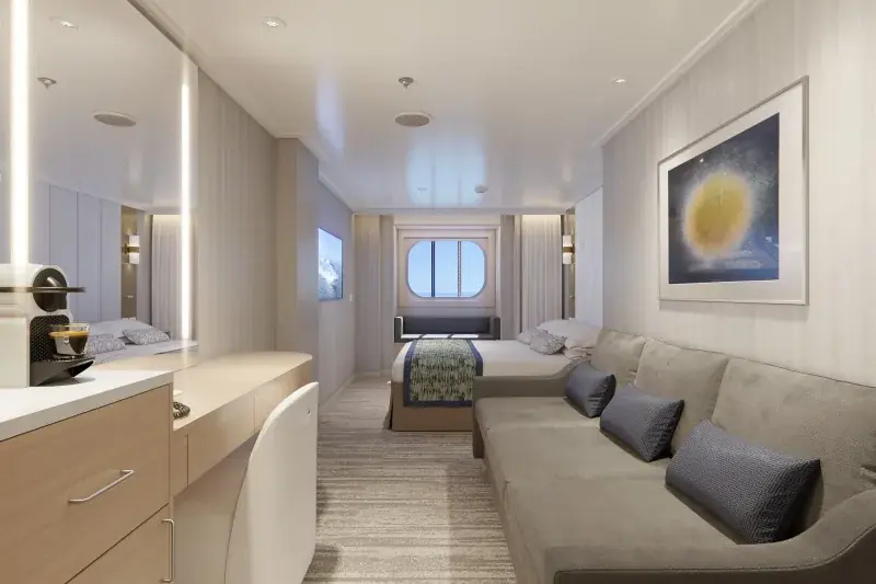 Sun Princess'te premium dış kabin; pencere ve kanepe; görselleştirme