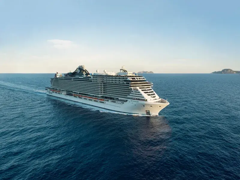 MSC Seascape kıyı açıklarında seyir halinde, uzaktan havadan görünüm