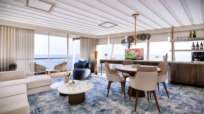 Azamara Quest'te Panorama Suite oturma ve yemek alanı (görselleştirme)