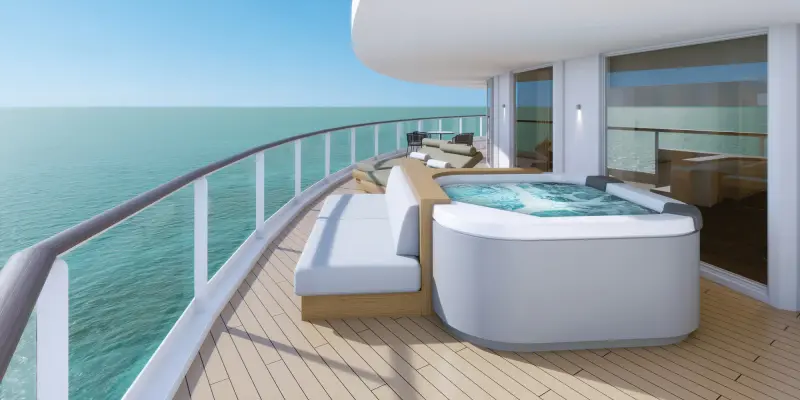 Norwegian Aqua ve Norwegian Bella'da The Haven suiti; jakuzili balkon