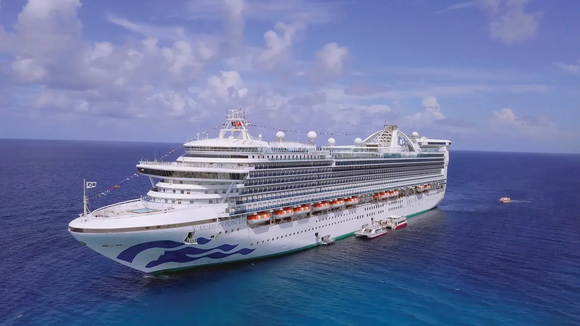 Caribbean Princess'in açık denizde kuşbakışı görünümü; pruvada Princess deniz kızı logosu