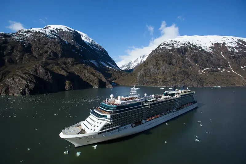 Celebrity Solstice Tracy Arm fiyordunda, karlı dağlar önünde