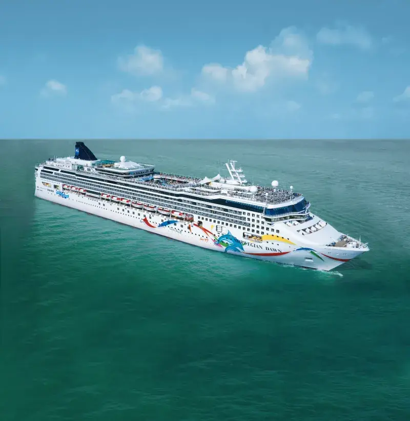 Norwegian Dawn'ın açık denizde dış görünümü; yunus desenli gövde