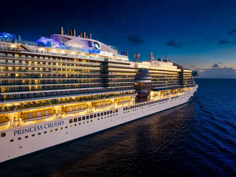 Sun Princess'in gece ışıklarıyla açık denizde görünümü