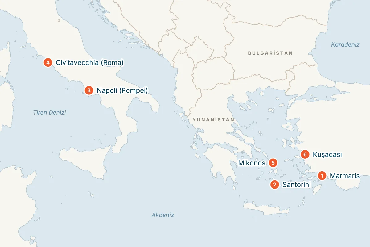 MSC Divina ile Marmaris Kalkışlı 8 Gece İtalya, Santorini ve Mikonos Gemi Turu rota haritası