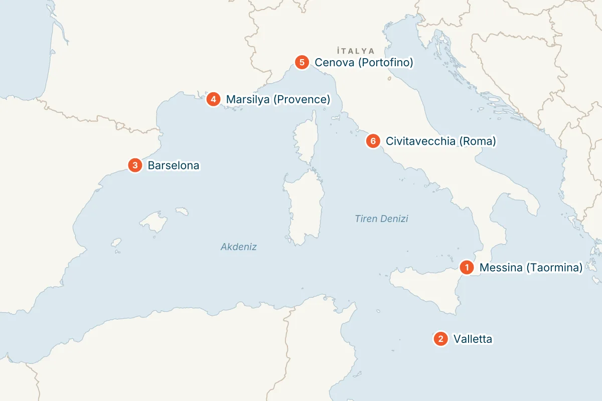 MSC World Asia ile Messina Kalkışlı 7 Gece Batı Akdeniz Gemi Turu (Sadece Gemi) rota haritası
