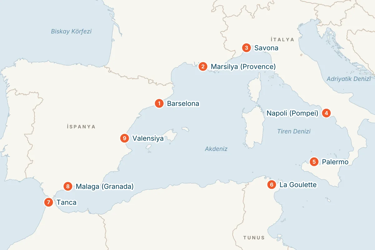 Costa Pacifica ile Tunuslu & Faslı Batı Akdeniz - 10 Gece - THY rota haritası