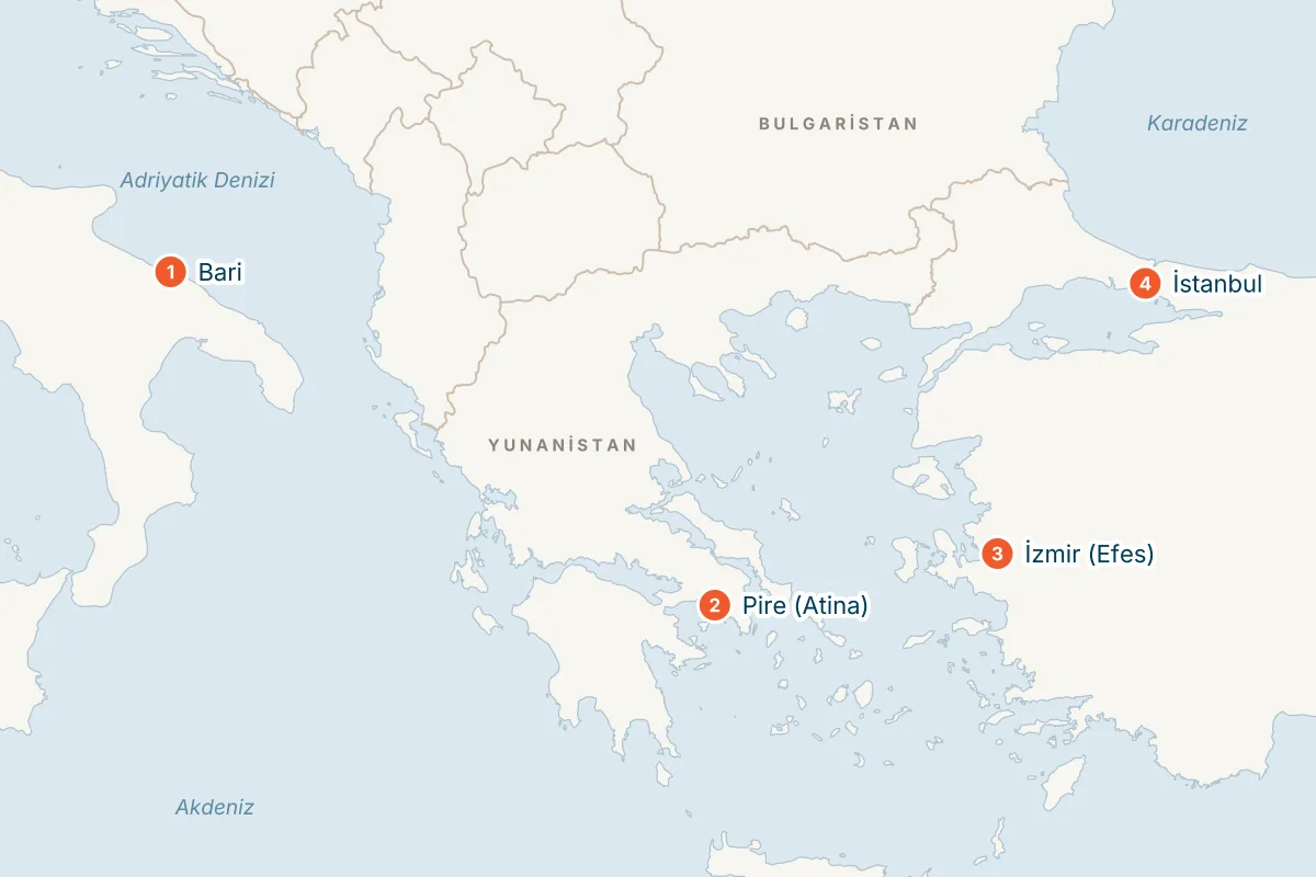 MSC Orchestra ile Bari Kalkışlı 4 Gece Doğu Akdeniz Gemi Turu (Sadece Gemi) rota haritası