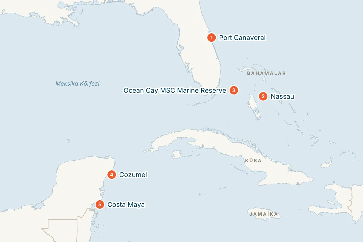 MSC Grandiosa ile Port Canaveral Kalkışlı 7 Gece Batı Karayipler Gemi Turu (Sadece Gemi) rota haritası