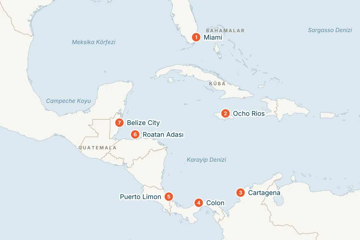 MSC Poesia ile Miami Kalkışlı 11 Gece Batı Karayipler Gemi Turu (Sadece Gemi) rota haritası