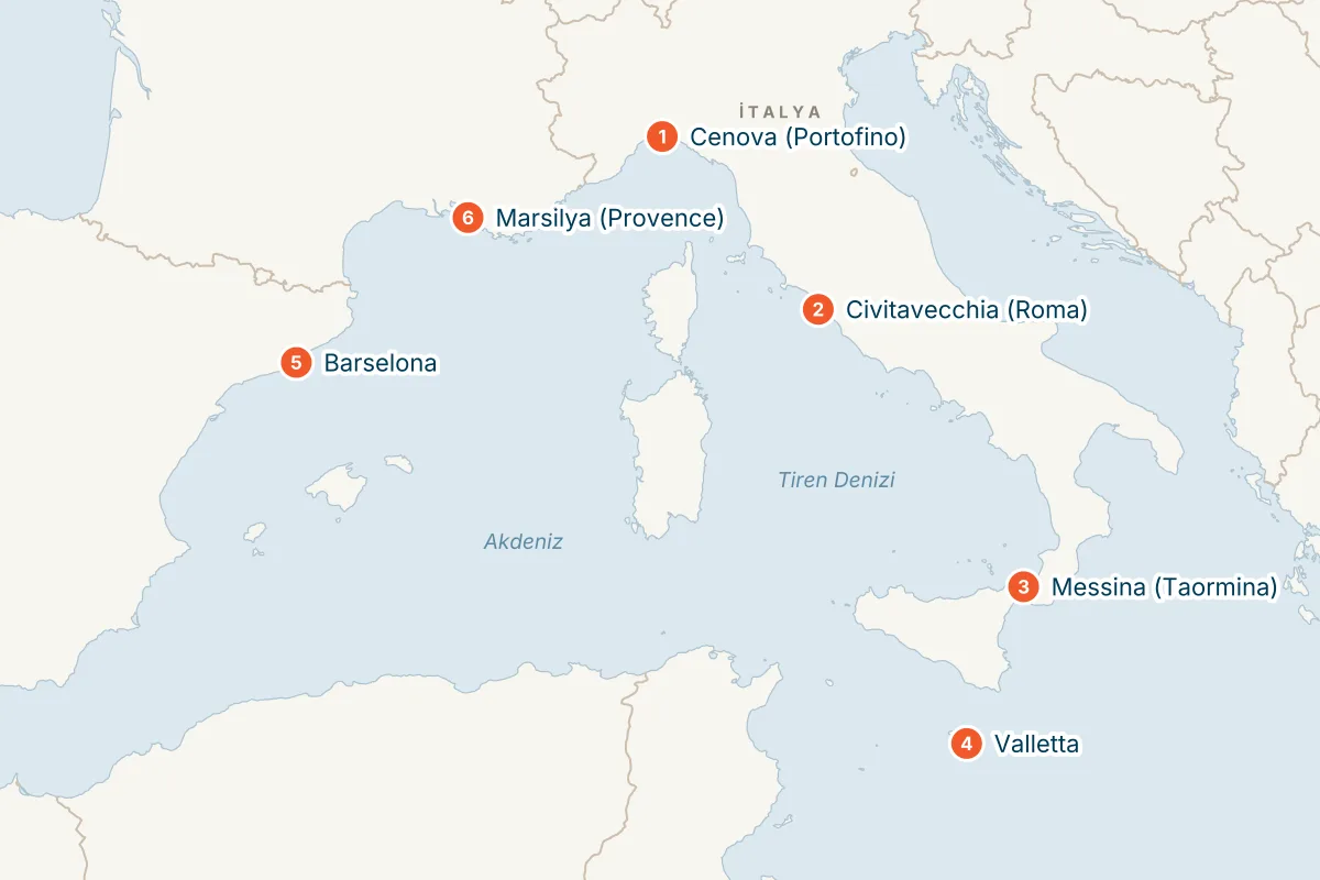 MSC World Asia ile Malta ve Sicilya'lı Batı Akdeniz - 8 Gece - THY rota haritası