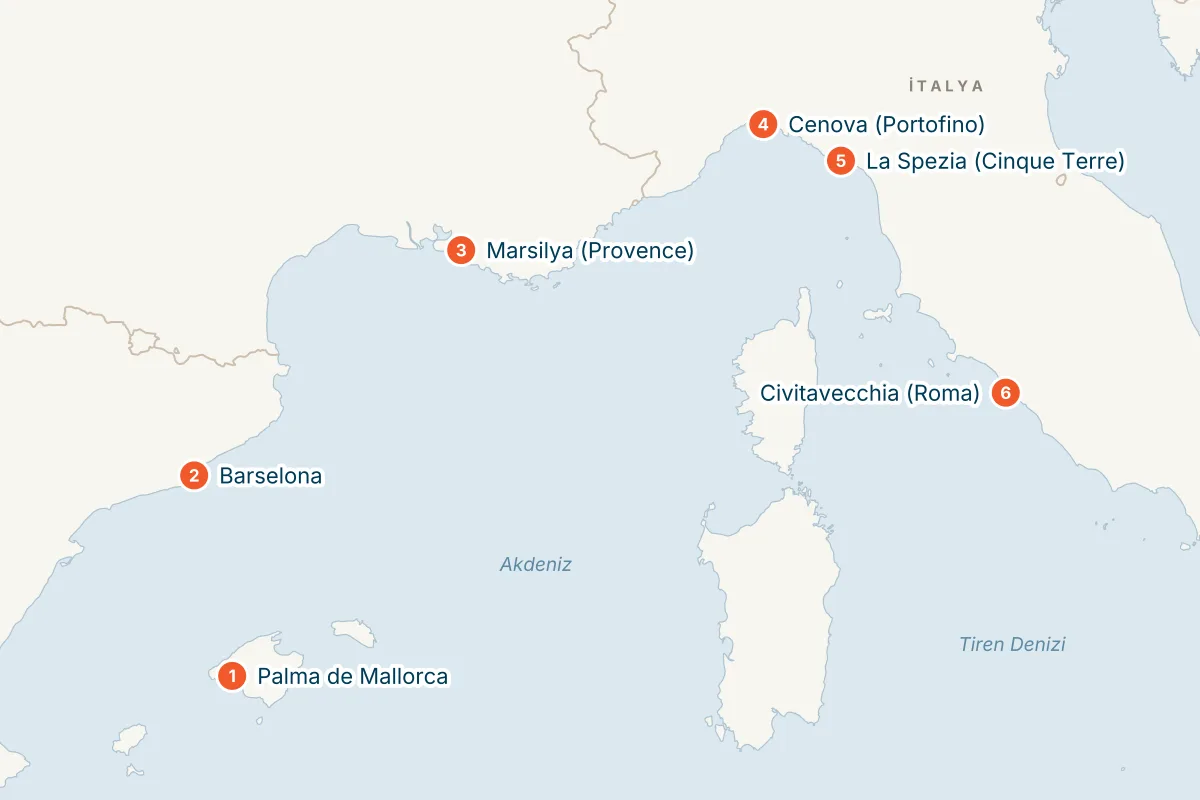 MSC World Europa ile Palma de Mallorca Kalkışlı 7 Gece Batı Akdeniz Gemi Turu (Sadece Gemi) rota haritası