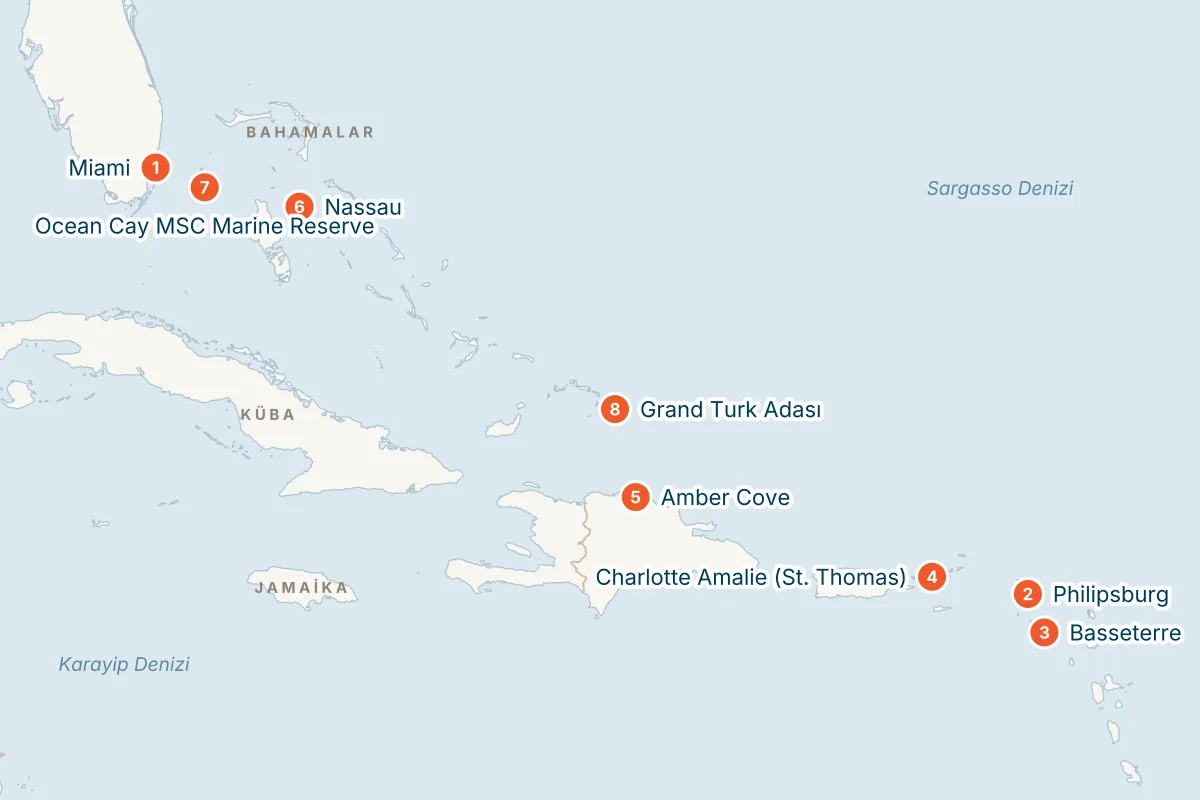MSC Meraviglia ile Miami Kalkışlı 14 Gece Doğu Karayipler Gemi Turu (Sadece Gemi) rota haritası