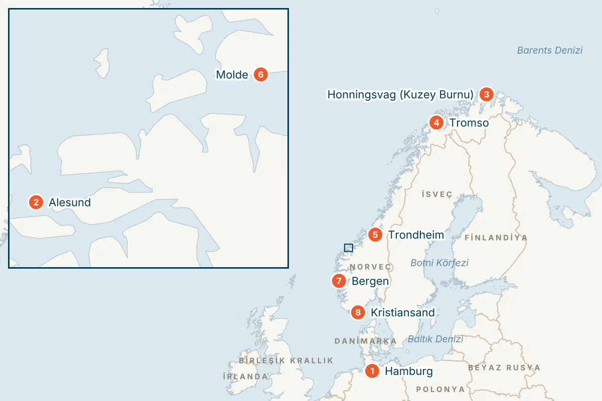 MSC Preziosa ile Hamburg Kalkışlı 12 Gece Norveç Fiyortları Gemi Turu (Sadece Gemi) rota haritası
