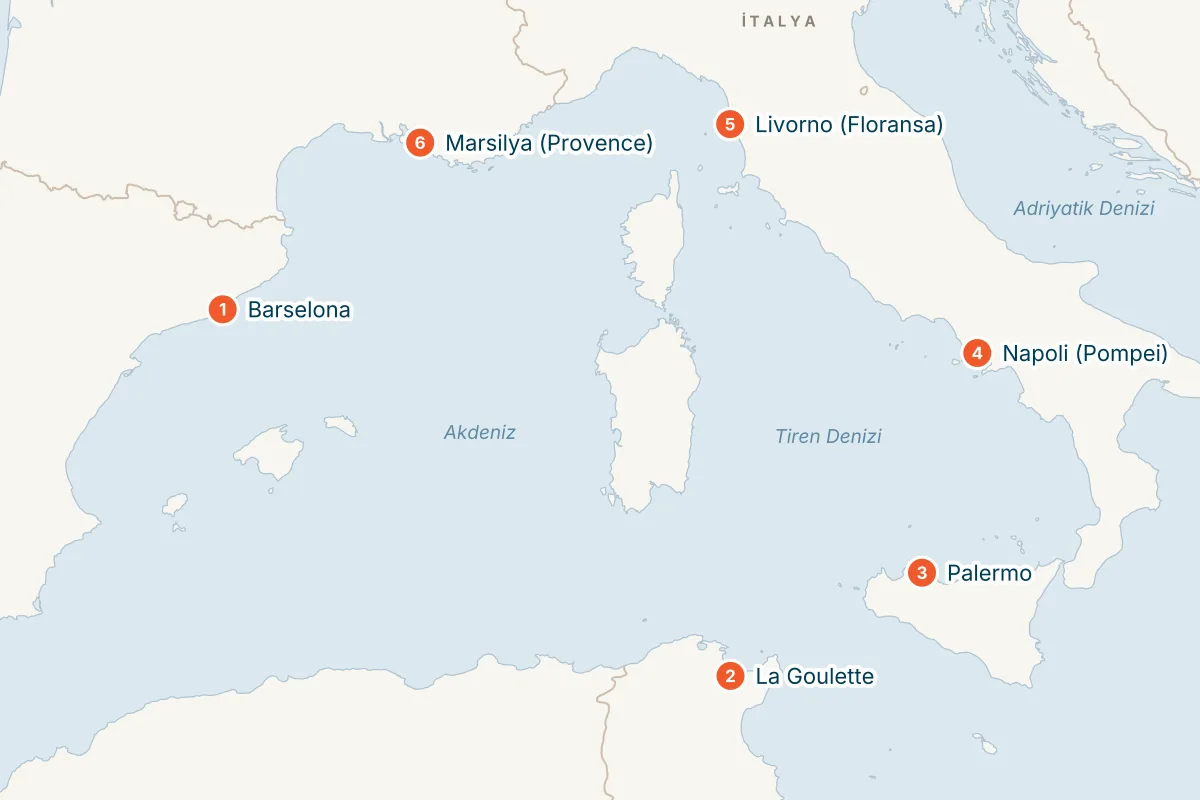 MSC Virtuosa ile Barselona Kalkışlı 7 Gece Batı Akdeniz Gemi Turu (Sadece Gemi) rota haritası