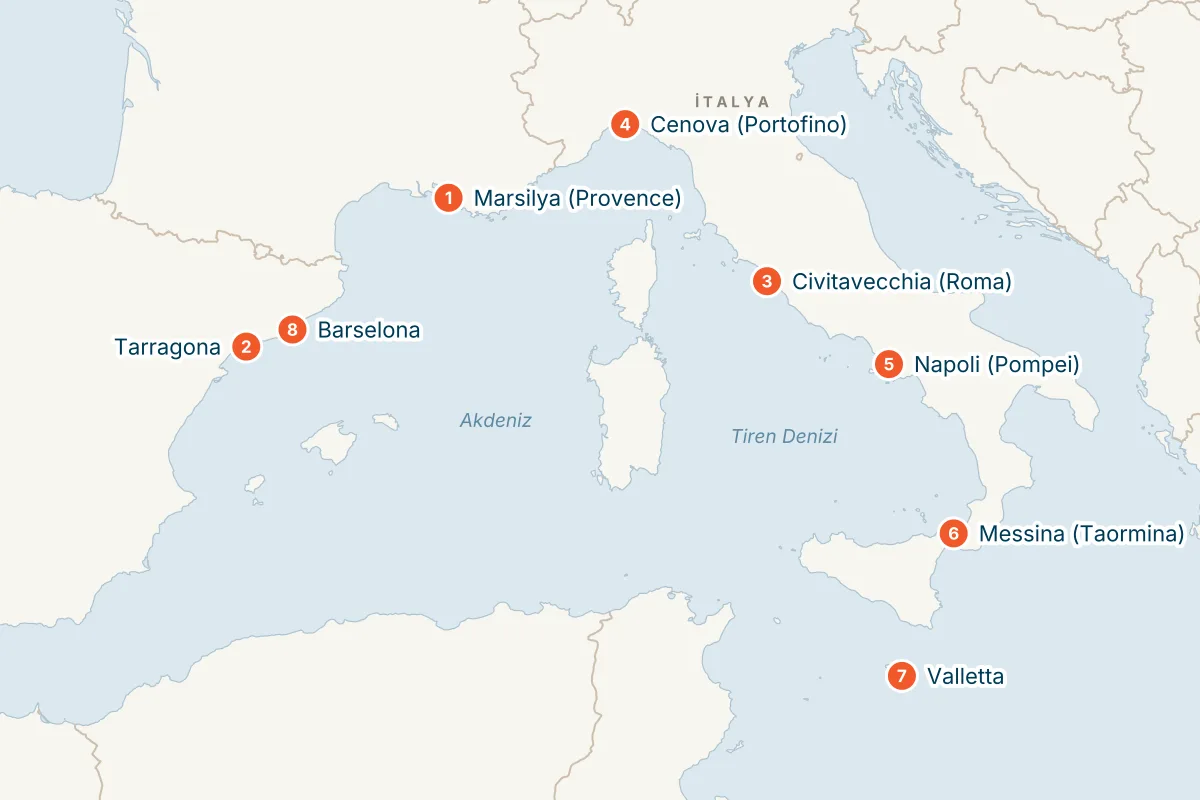 MSC Magnifica ile Marsilya Kalkışlı 10 Gece Doğu Akdeniz Gemi Turu (Sadece Gemi) rota haritası