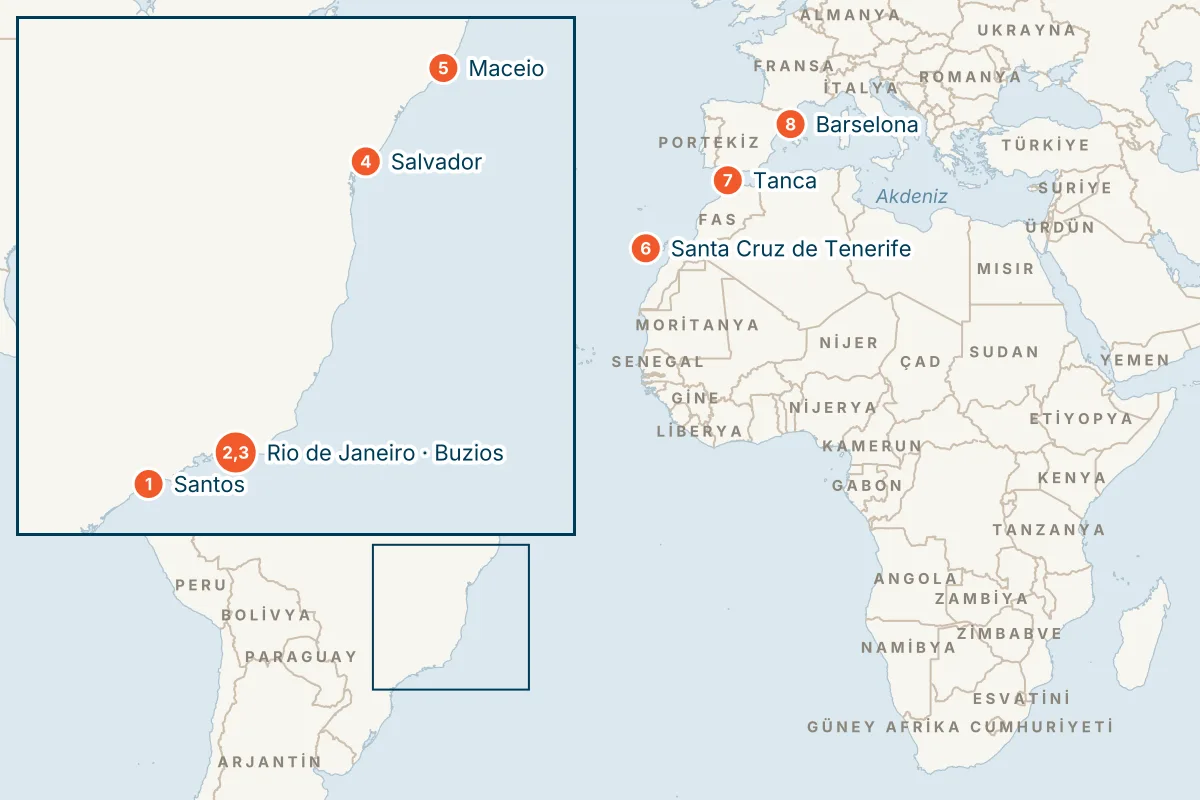 MSC Virtuosa ile Santos Kalkışlı 17 Gece Güney Amerika Gemi Turu (Sadece Gemi) rota haritası