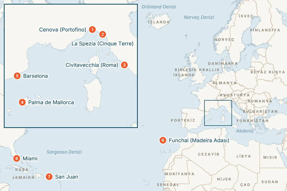 MSC Grandiosa ile Cenova Kalkışlı 18 Gece Transatlantik Gemi Turu (Sadece Gemi) rota haritası