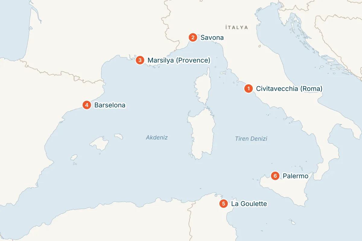 Costa Toscana ile Tunus'lu Batı Akdeniz - 7 Gece - Pegasus rota haritası