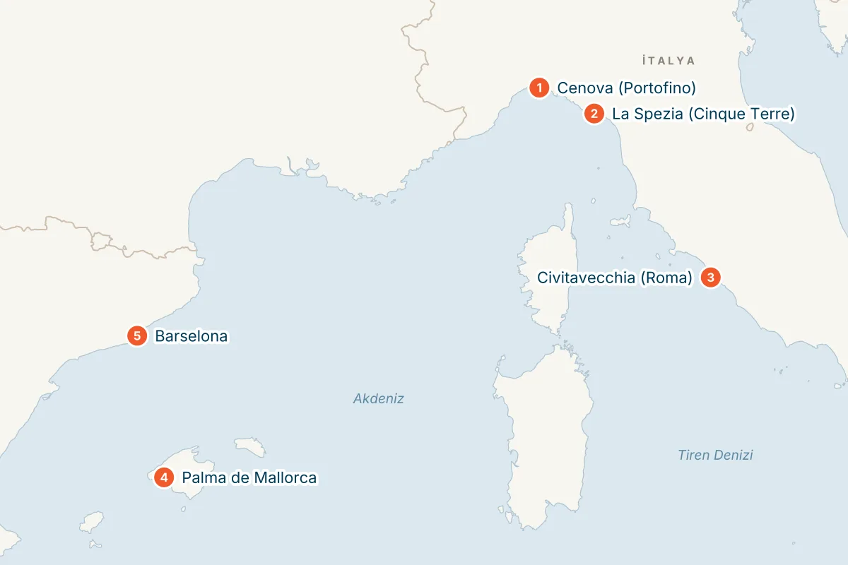 MSC Grandiosa ile Cenova Kalkışlı 5 Gece Batı Akdeniz Gemi Turu (Sadece Gemi) rota haritası