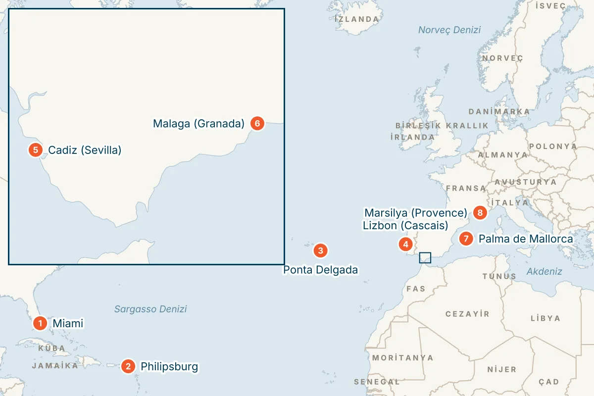 MSC Meraviglia ile Miami Kalkışlı 16 Gece Transatlantik Gemi Turu (Sadece Gemi) rota haritası