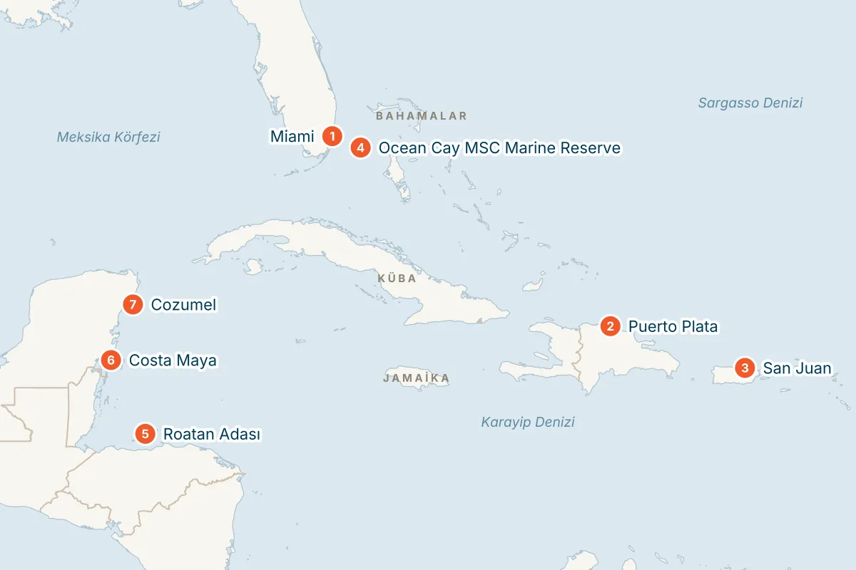 MSC World America ile Miami Kalkışlı 14 Gece Doğu Karayipler Gemi Turu (Sadece Gemi) rota haritası