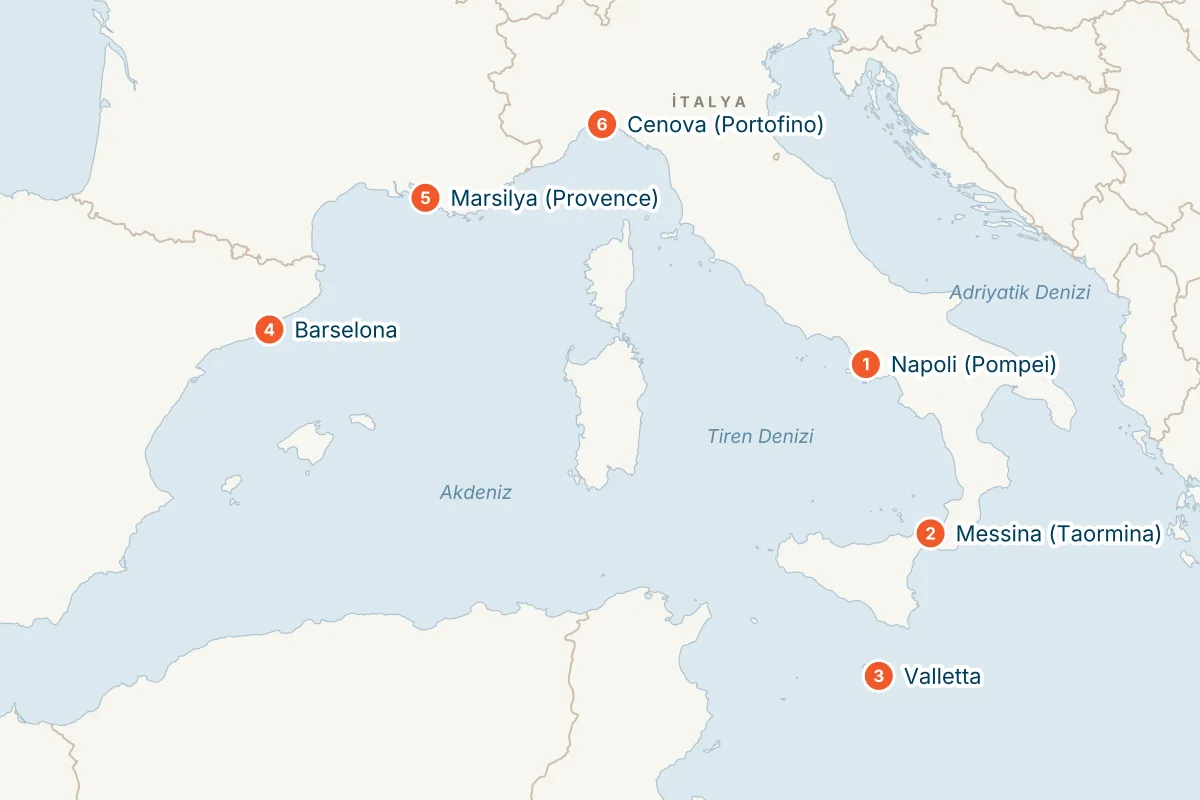 MSC Magnifica ile Napoli Kalkışlı 7 Gece Batı Akdeniz Gemi Turu (Sadece Gemi) rota haritası