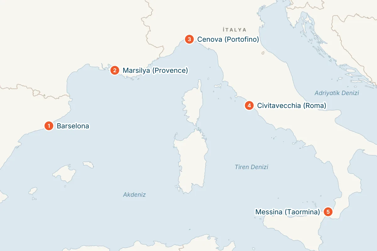 MSC World Europa ile Barselona Kalkışlı 6 Gece Batı Akdeniz Gemi Turu (Sadece Gemi) rota haritası