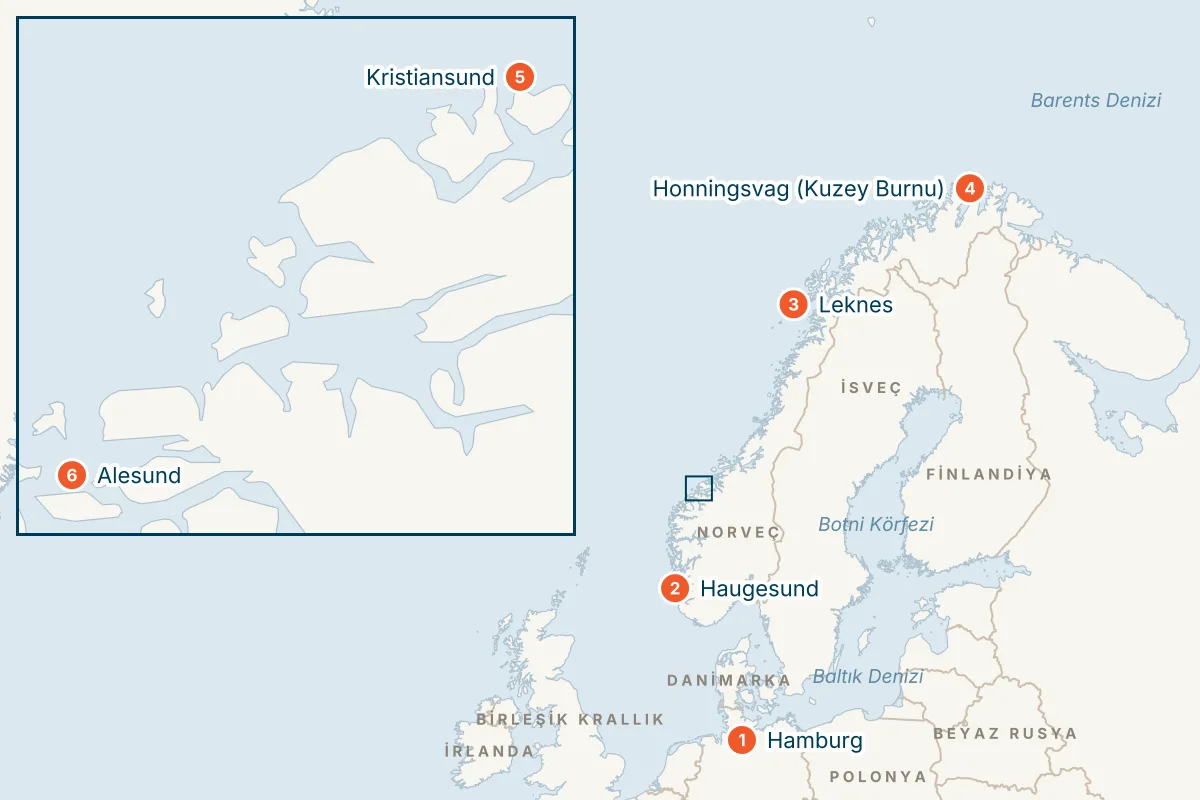 Costa Favolosa ile Baştan Sona Norveç Fiyortları & North Cape - 11 Gece - Pegasus rota haritası