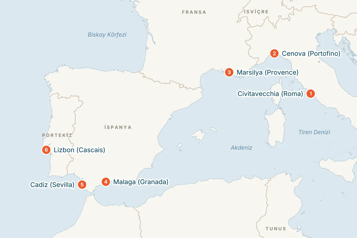 MSC Sinfonia ile Civitavecchia Kalkışlı 6 Gece Batı Akdeniz Gemi Turu (Sadece Gemi) rota haritası
