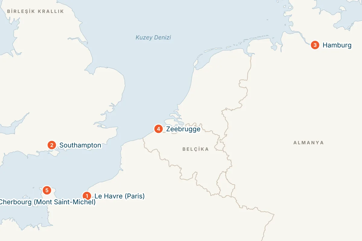 MSC Preziosa ile Le Havre Kalkışlı 7 Gece Kuzey Avrupa Gemi Turu (Sadece Gemi) rota haritası