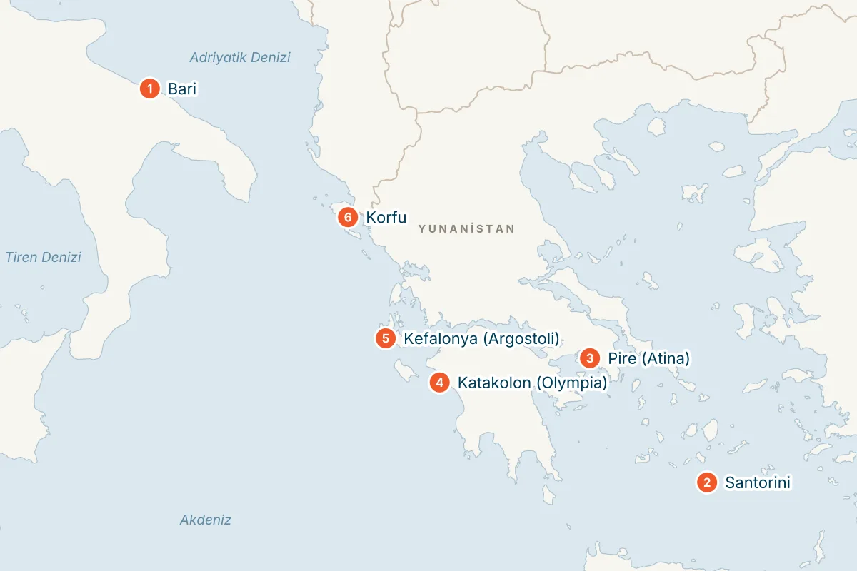 MSC Orchestra ile Bari Kalkışlı 7 Gece Doğu Akdeniz Gemi Turu (Sadece Gemi) rota haritası