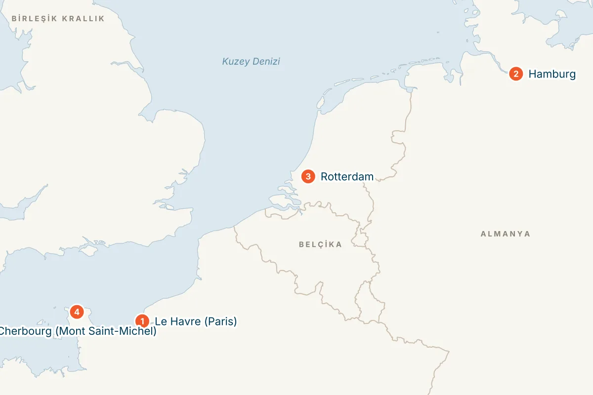 MSC Preziosa ile Le Havre Kalkışlı 6 Gece Kuzey Avrupa Gemi Turu (Sadece Gemi) rota haritası