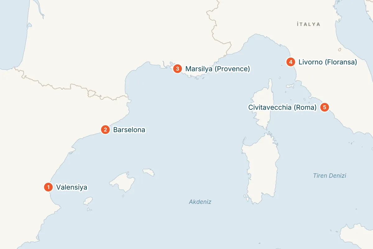 MSC Sinfonia ile Valensiya Kalkışlı 6 Gece Batı Akdeniz Gemi Turu (Sadece Gemi) rota haritası