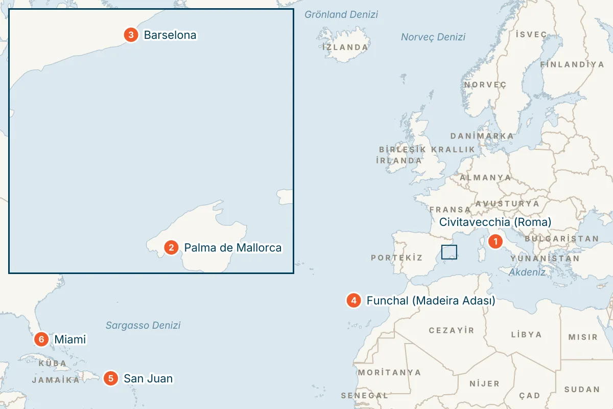 MSC Grandiosa ile Civitavecchia Kalkışlı 16 Gece Transatlantik Gemi Turu (Sadece Gemi) rota haritası