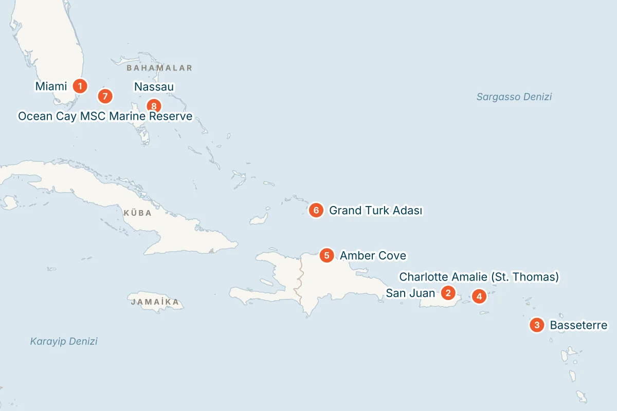 MSC Meraviglia ile Miami Kalkışlı 14 Gece Doğu Karayipler Gemi Turu (Sadece Gemi) rota haritası