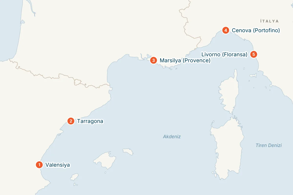 MSC Sinfonia ile Valensiya Kalkışlı 6 Gece Batı Akdeniz Gemi Turu (Sadece Gemi) rota haritası