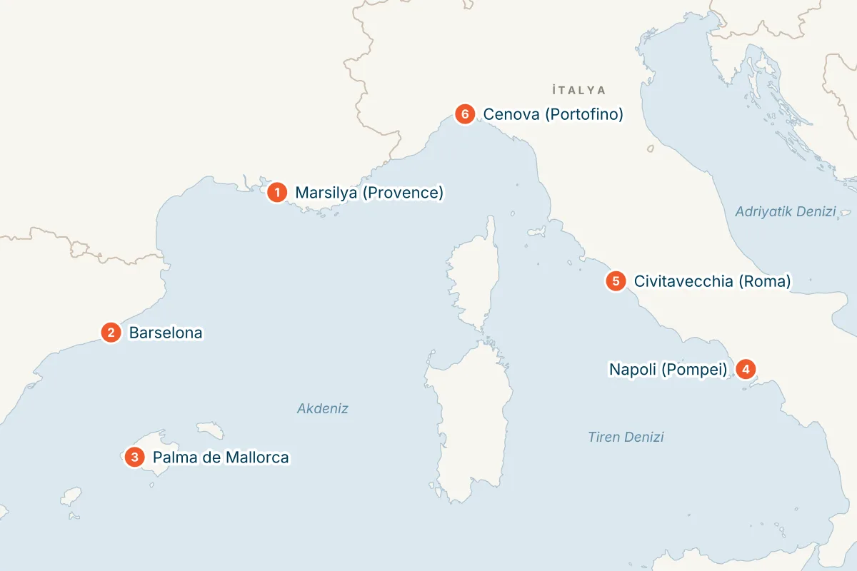 Costa Toscana ile Balear Adaları & Batı Akdeniz - 7 Gece - THY - Marsilya Kalkışlı rota haritası