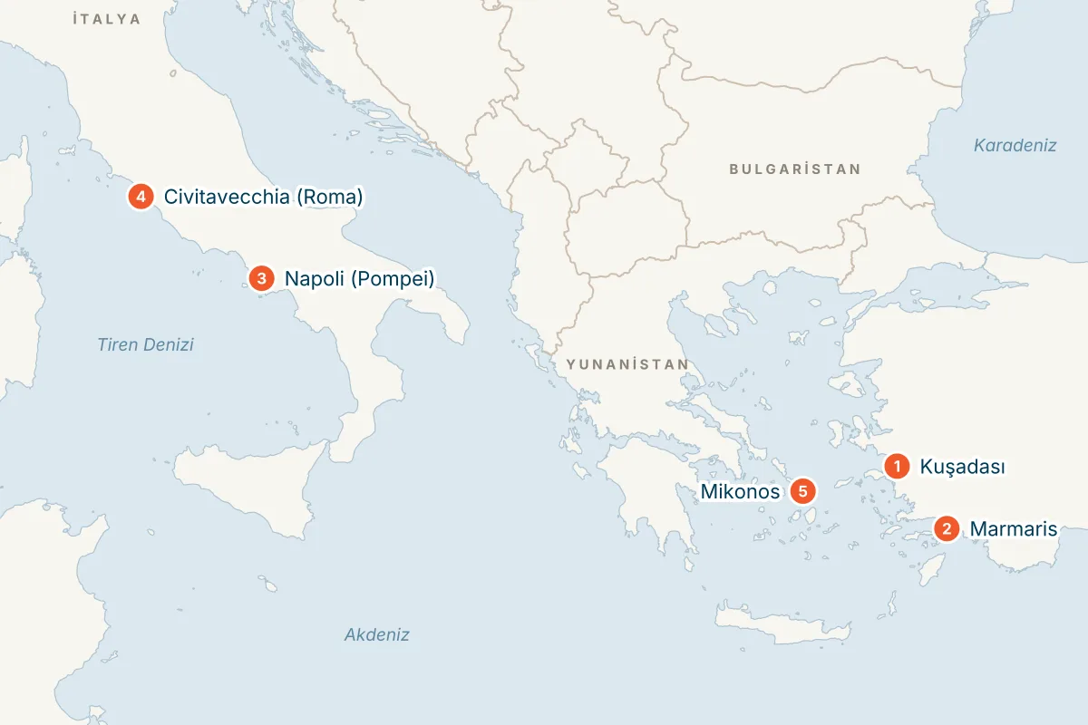 MSC Divina ile Kuşadası Kalkışlı 7 Gece İtalya ve Mikonos Gemi Turu rota haritası