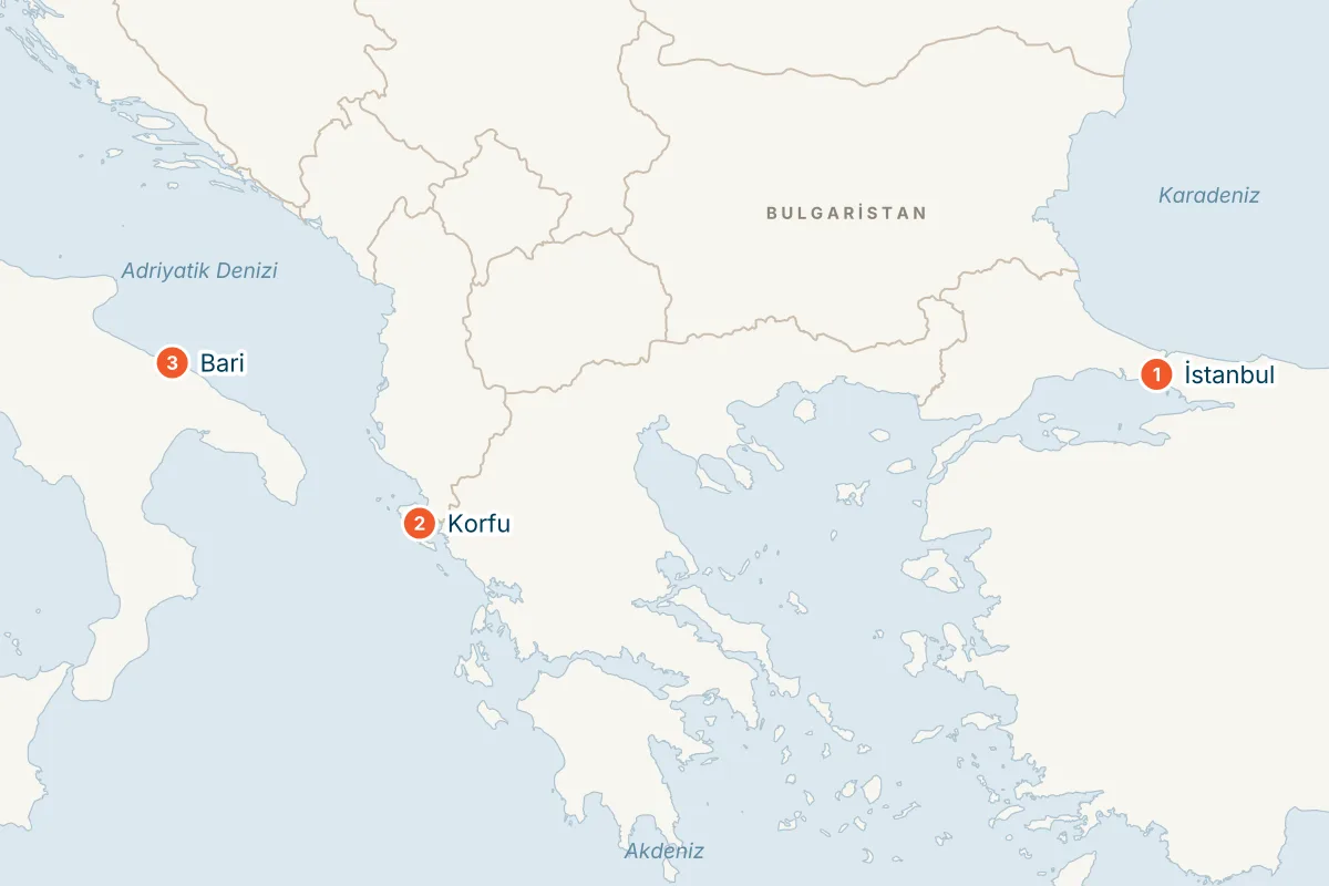 MSC Orchestra ile İstanbul'dan Bari'ye 3 Gece Gemi Turu rota haritası