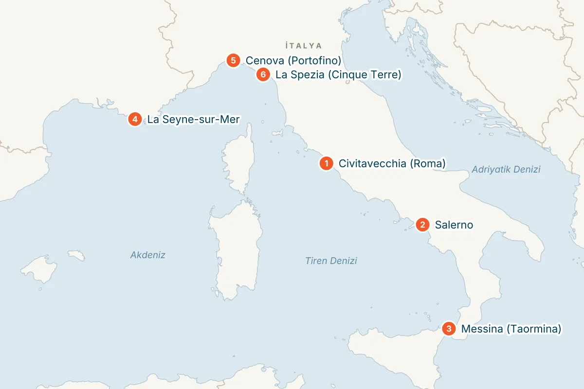 Costa Fascinosa ile Amalfi Sahilleri & Batı Akdeniz - 7 Gece - Pegasus rota haritası