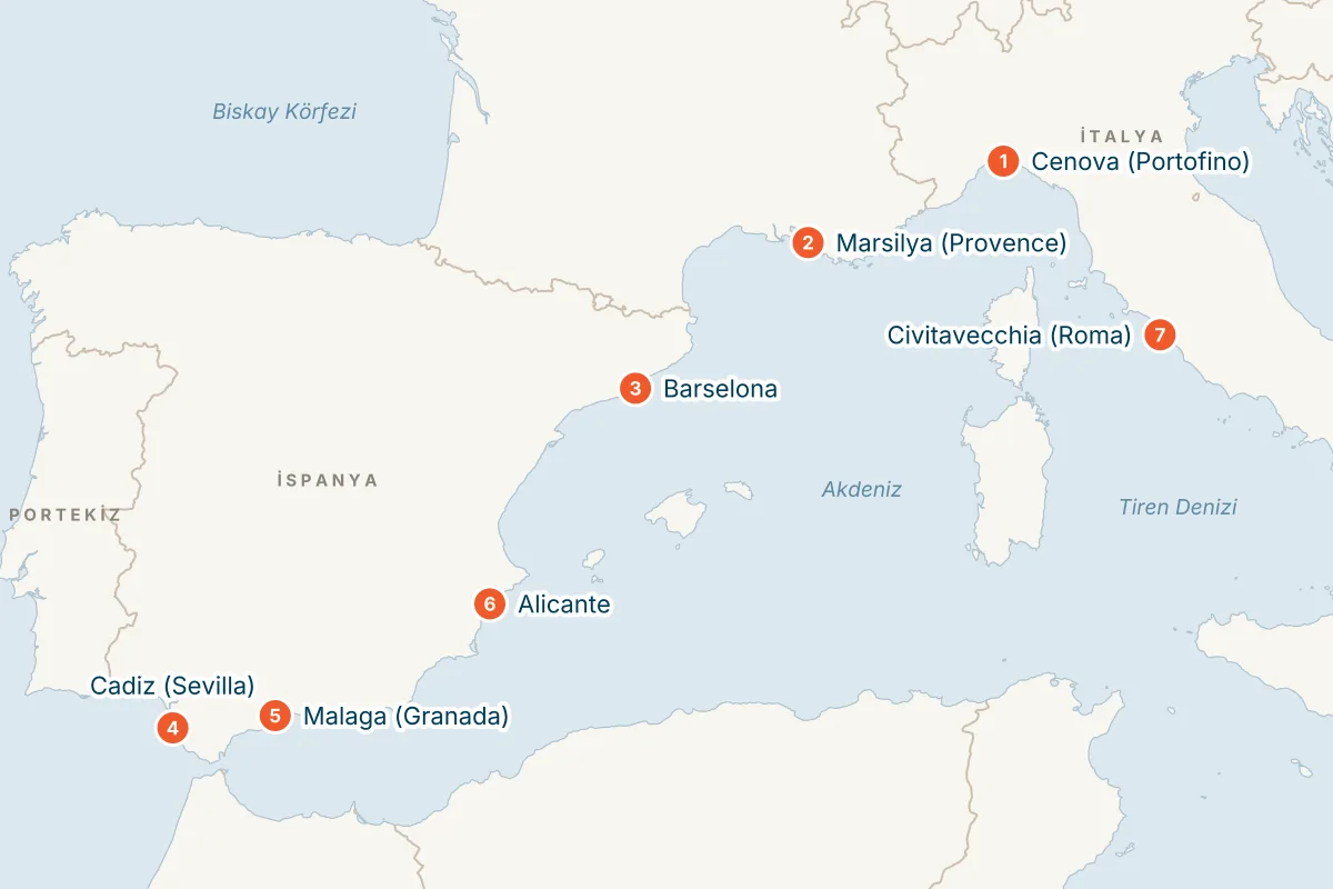 MSC Magnifica ile Cenova Kalkışlı 10 Gece Batı Akdeniz Gemi Turu (Sadece Gemi) rota haritası