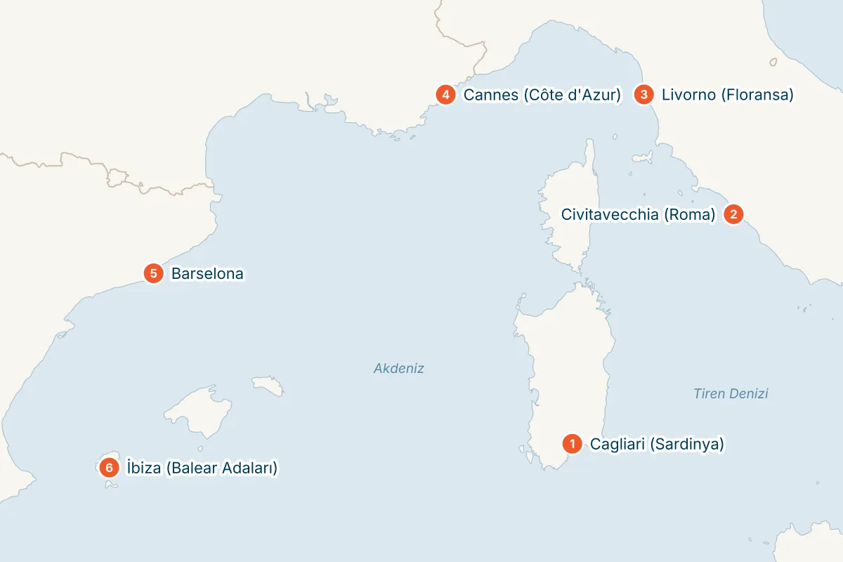 MSC Fantasia ile Cagliari Kalkışlı 7 Gece Batı Akdeniz Gemi Turu (Sadece Gemi) rota haritası