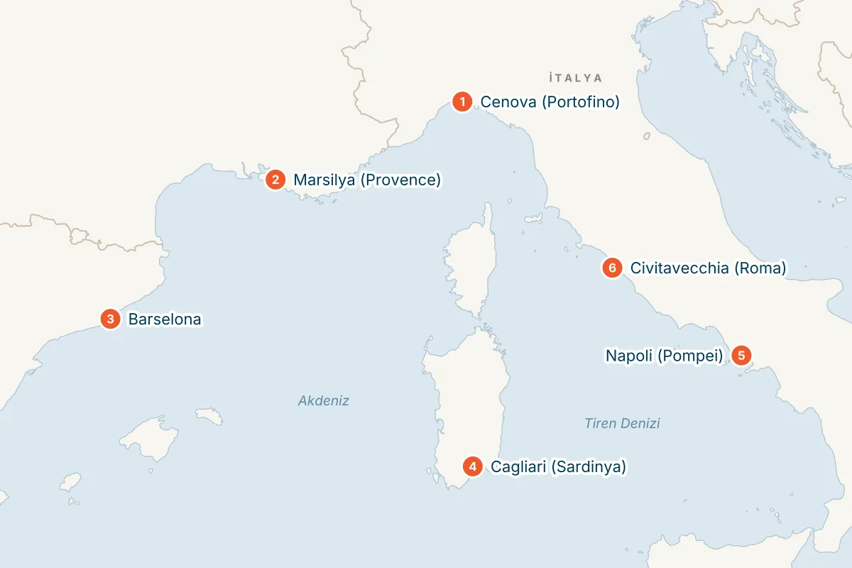 Costa Smeralda ile Batı Akdeniz & Sardinya Adası - 8 Gece - THY rota haritası