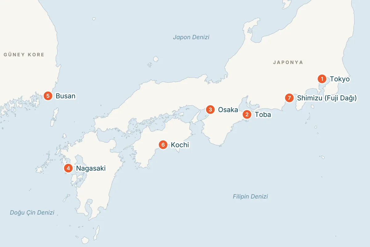 Diamond Princess ile Japonya & Güney Kore 13 Gece - Qatar Airways rota haritası
