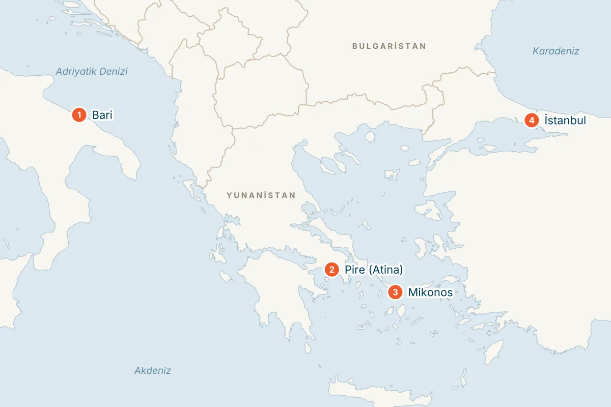 MSC Orchestra ile Bari Kalkışlı 4 Gece Doğu Akdeniz Gemi Turu (Sadece Gemi) rota haritası