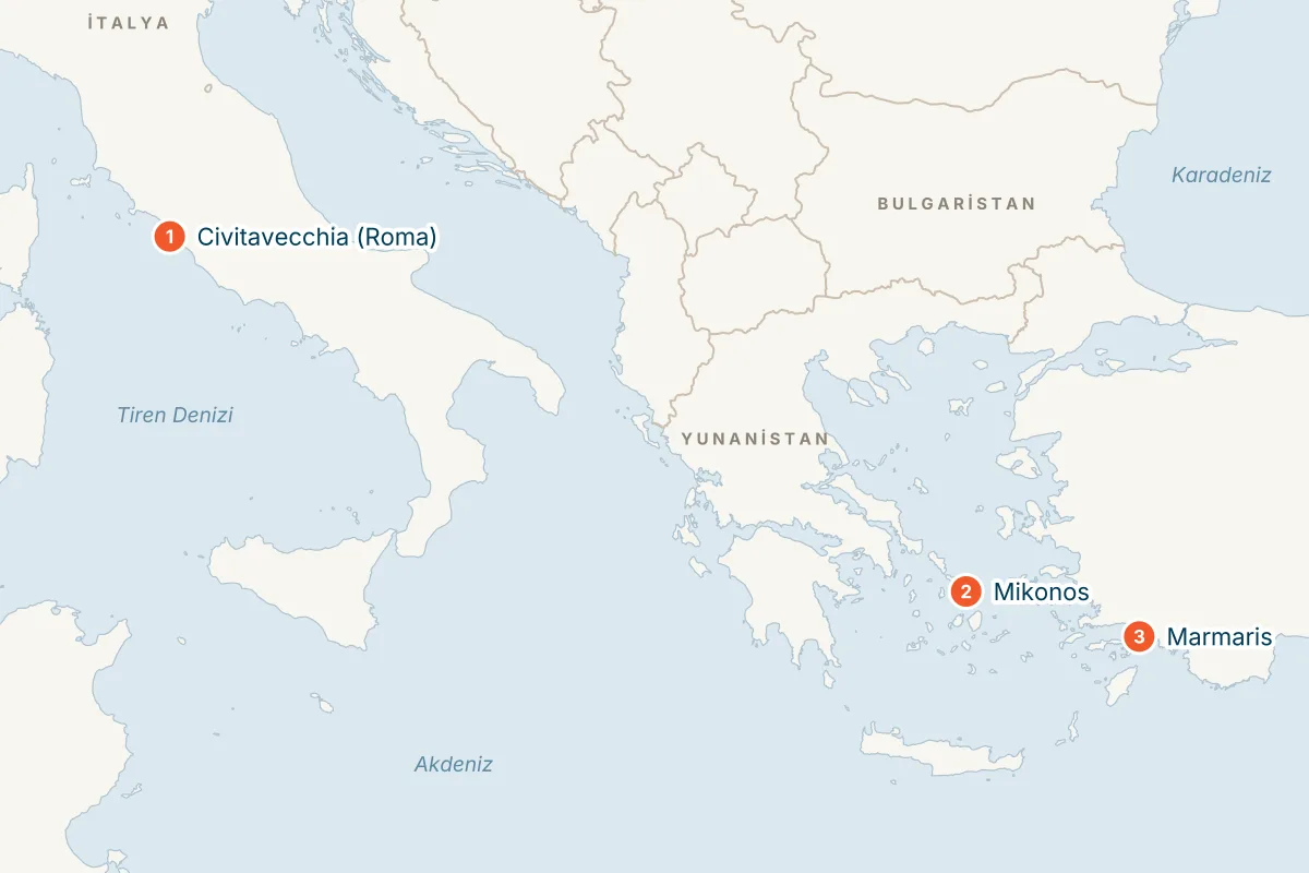 MSC Divina ile Civitavecchia Kalkışlı 3 Gece Doğu Akdeniz Gemi Turu (Sadece Gemi) rota haritası