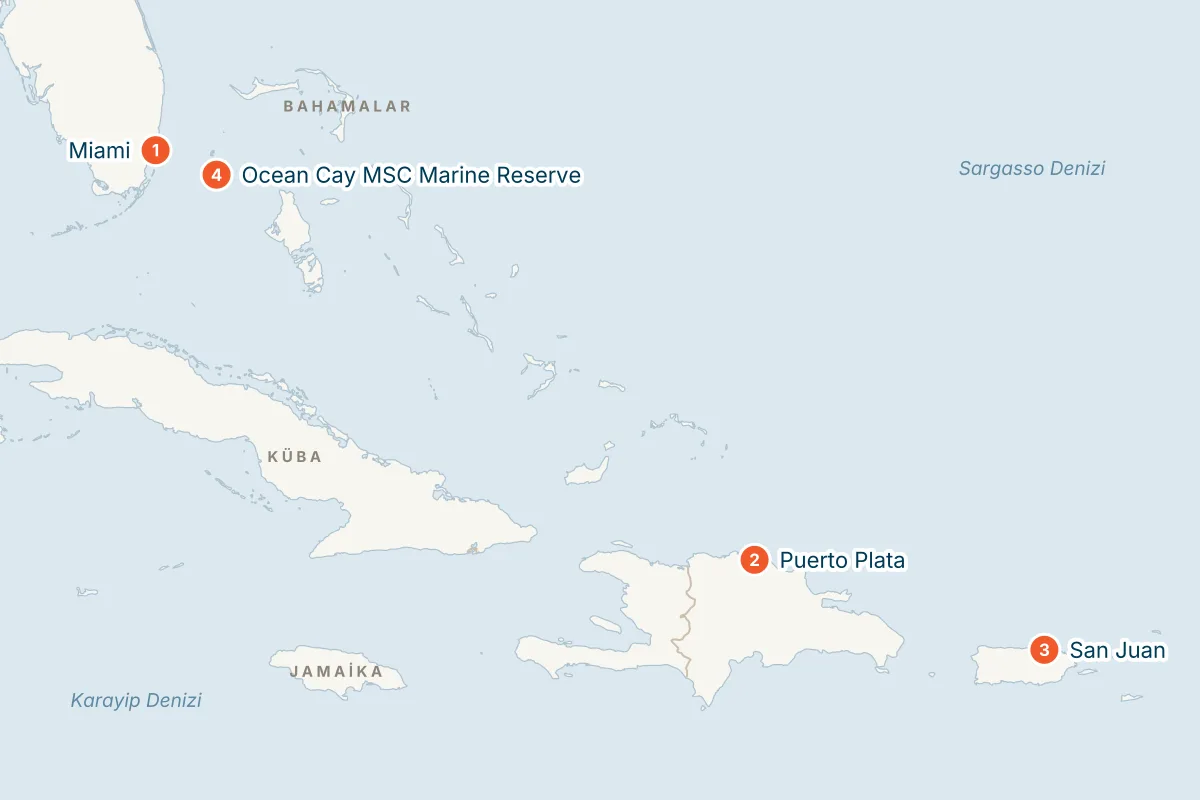 MSC World America ile Miami Kalkışlı 7 Gece Doğu Karayipler Gemi Turu (Sadece Gemi) rota haritası
